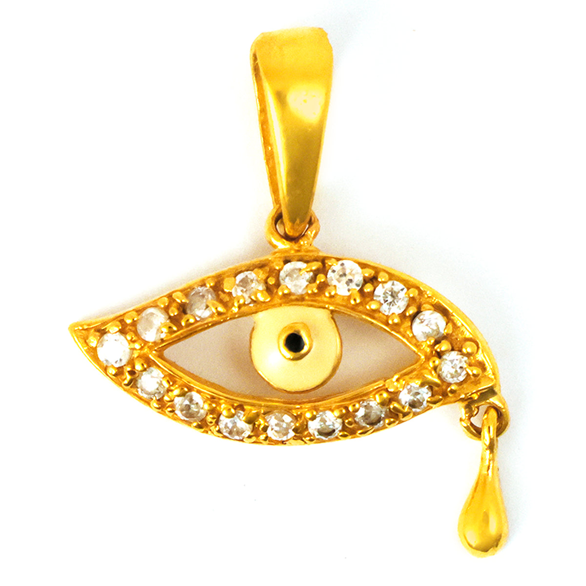 Gold pendant shaped like an eye with a tear, featuring embedded stones on a white background.