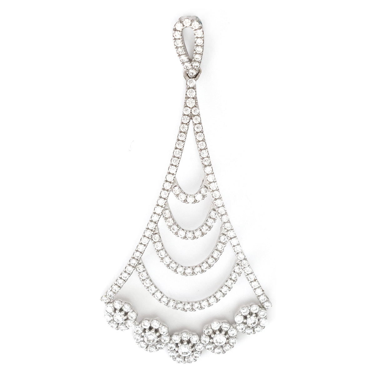 Silver teardrop-shaped pendant with clear stones on a white background