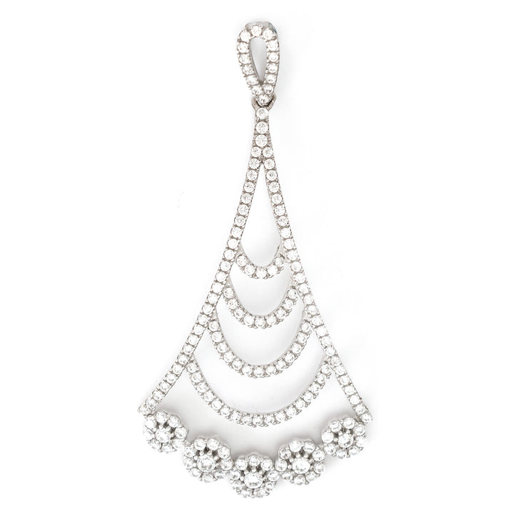Silver teardrop-shaped pendant with clear stones on a white background