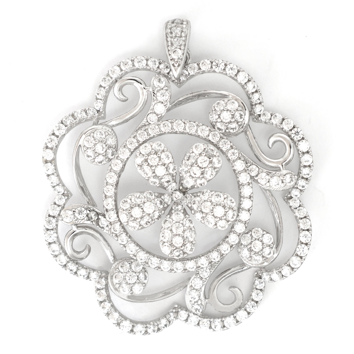 Silver pendant with intricate design and clear stones on a white background