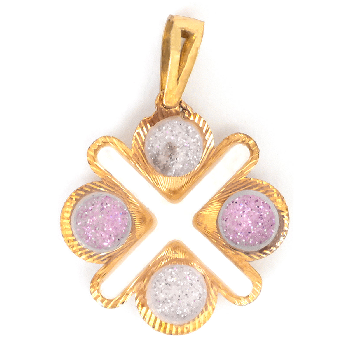 Gold pendant with pink and white gemstones on a white background