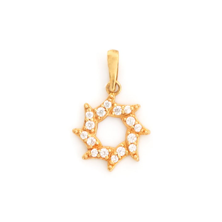 A gold pendant shaped like a six-pointed star, adorned with small clear gemstones around the perimeter, shown on a plain white background.