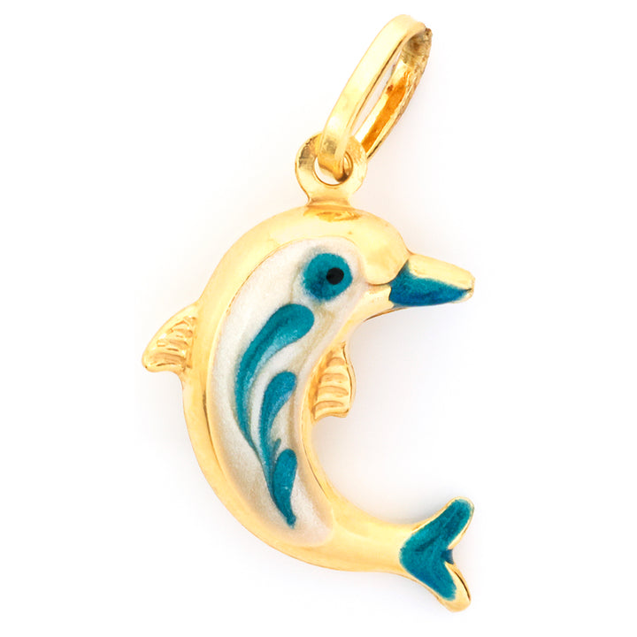 Gold pendant with a blue and white fish design on a white background