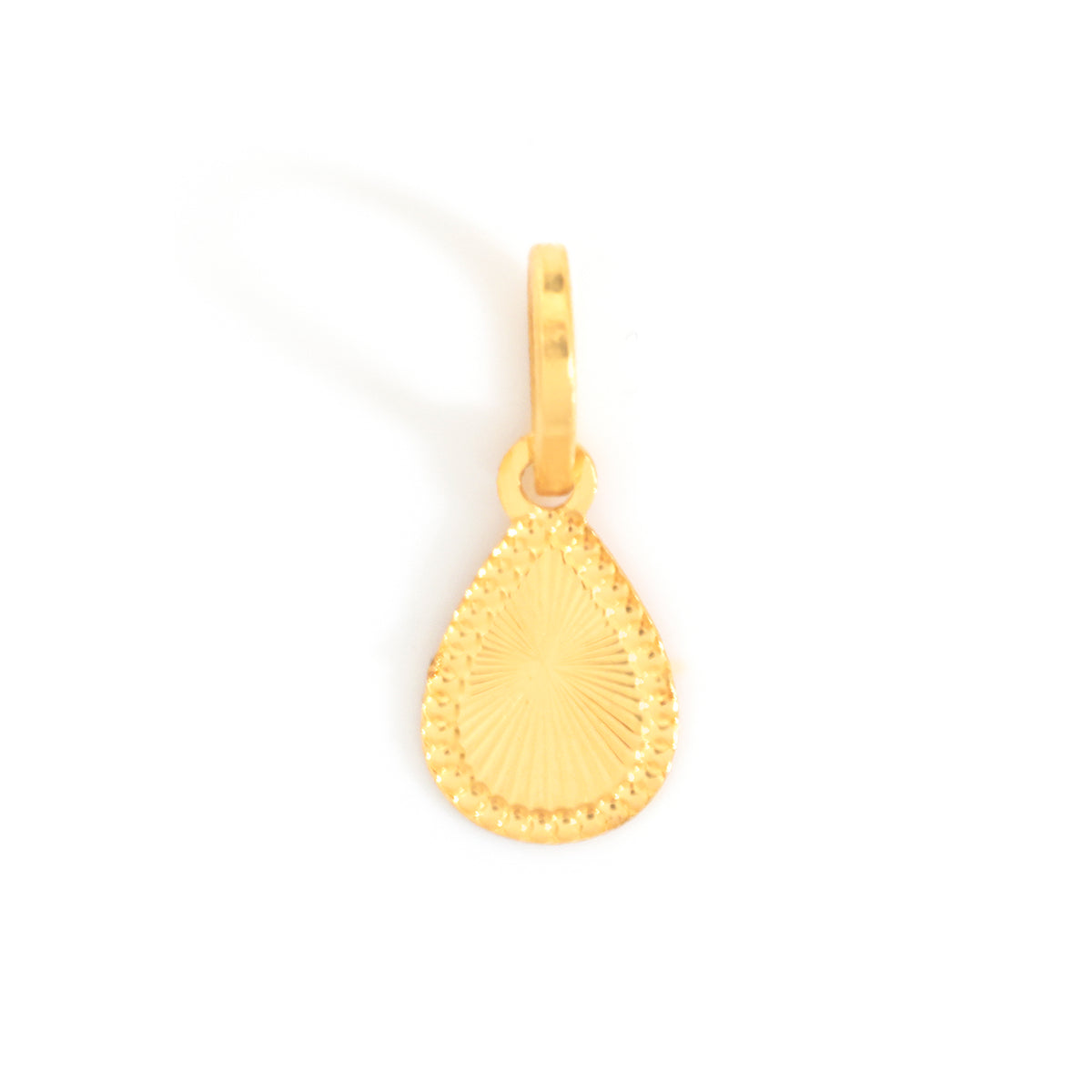 A gold teardrop-shaped pendant charm with a textured sunburst pattern and a beaded border, shown on a plain white background.