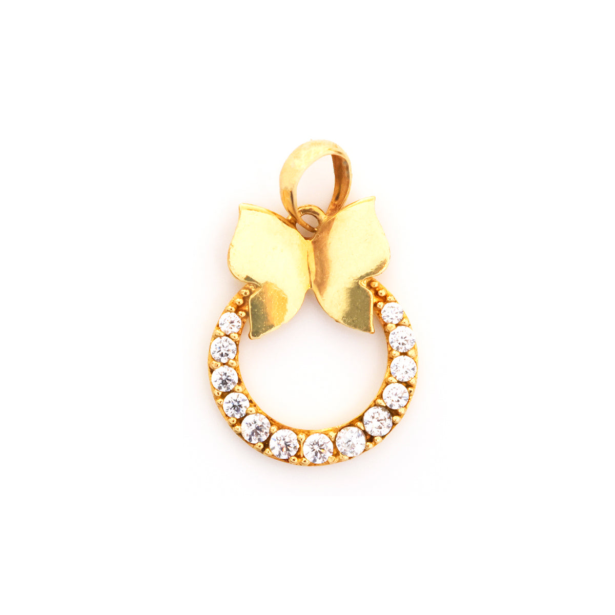 A gold pendant charm featuring a bow at the top and a crescent-shaped lower border paved with small clear stones, shown on a plain white background.
