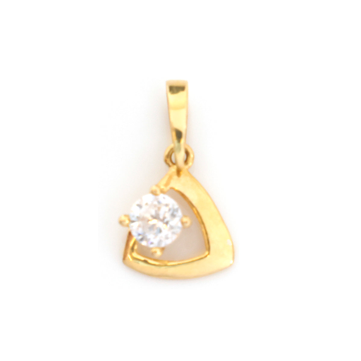 A gold pendant featuring an open triangular frame with a round clear gemstone in a prong setting, shown against a plain white background.