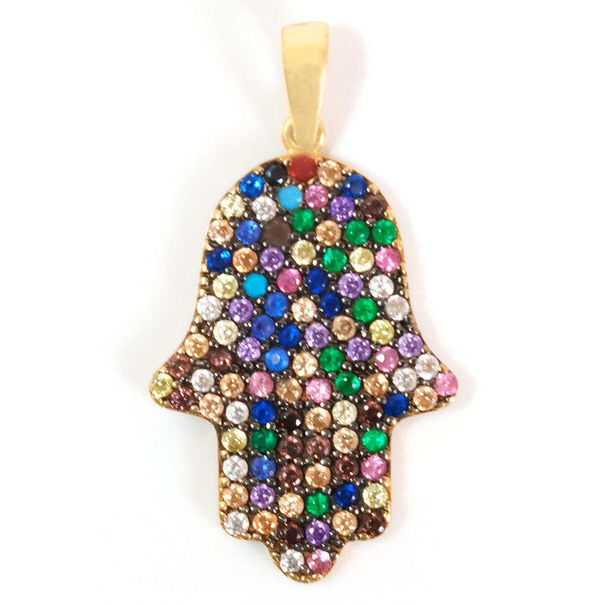 A gold Hamsa hand pendant embellished with numerous small, round, multicolored gemstones, shown on a plain white background.