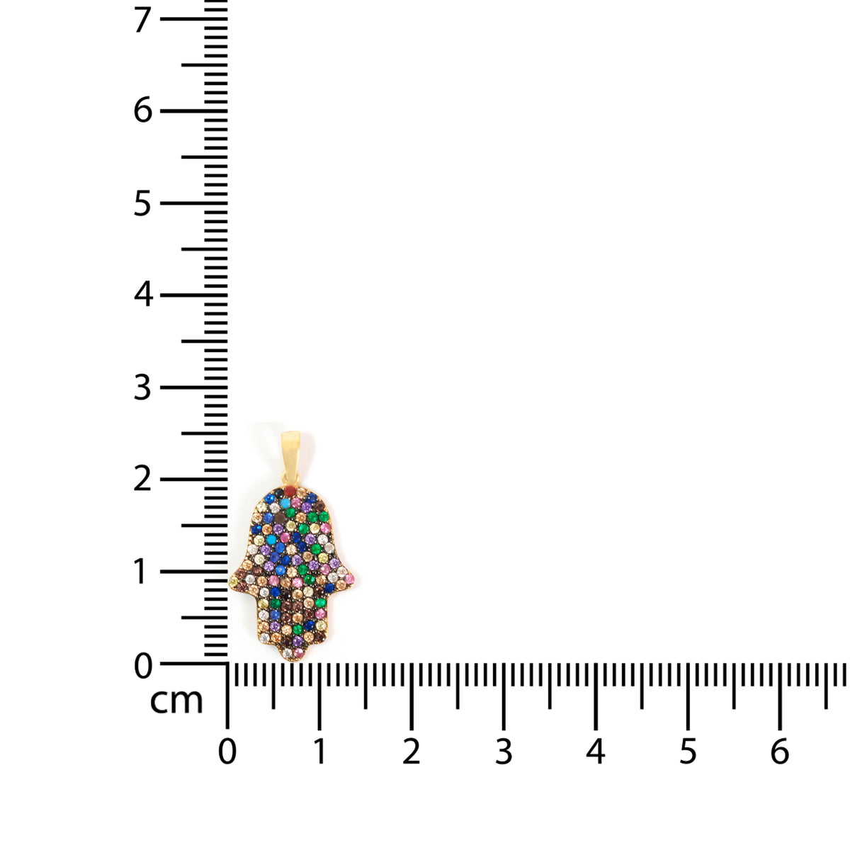 A small multicolor Hamsa hand pendant with gold-tone metal and clear rhinestones, shown next to a centimeter ruler for scale on a white background.
