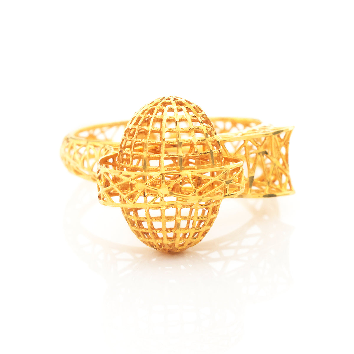A gold-toned openwork ring featuring a large spherical globe motif in the center, with a textured band wrapping around it, shown on a clean white background.