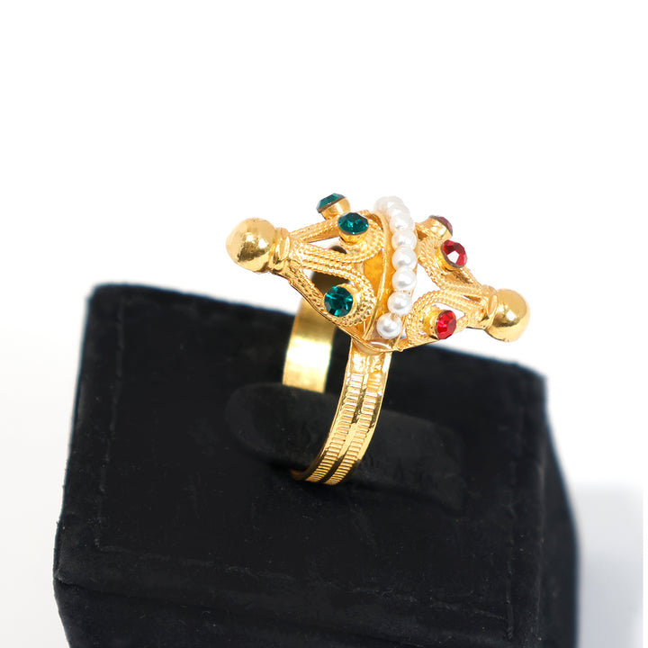 21K Gold Traditional Ring with Pearls &amp; Red Green Stones - side angle