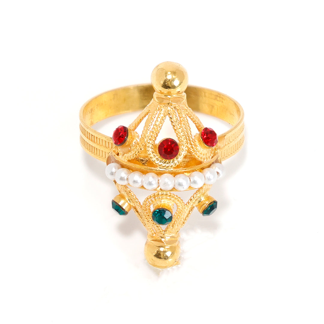 21K Gold Traditional Ring with Pearls &amp; Red Green Stones - Main View