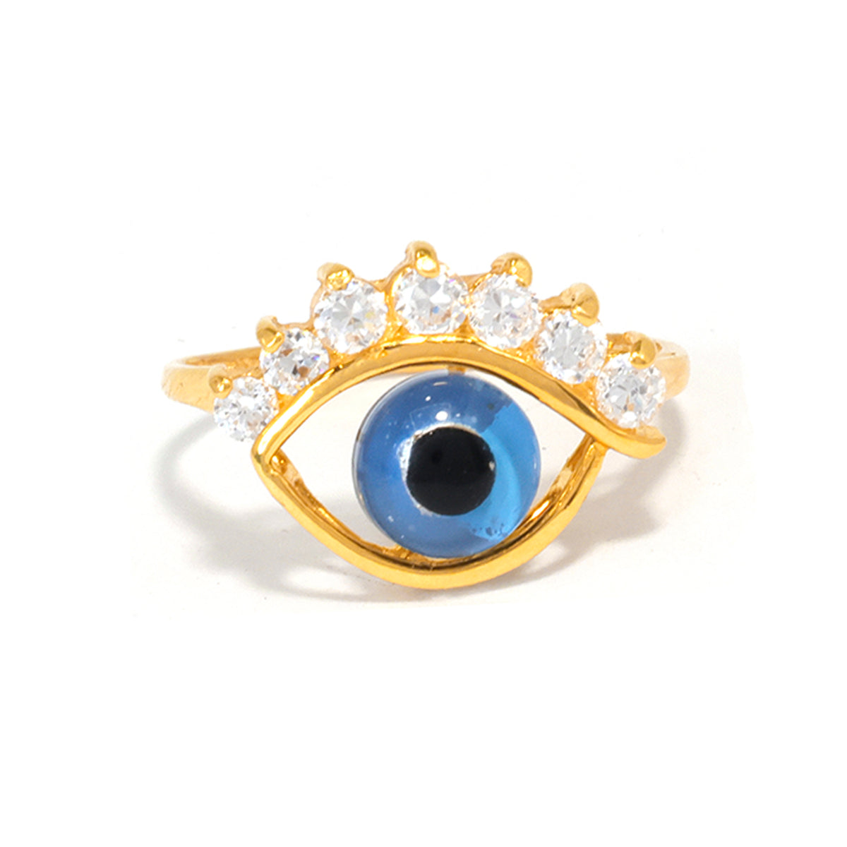Gold ring with a blue eye design and clear stones on a white background