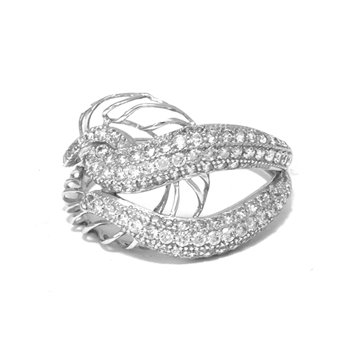 Silver ring with clear gemstones on a white background
