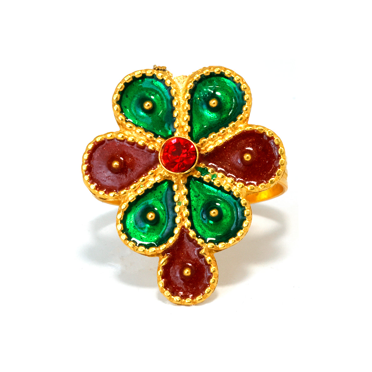 Decorative ring with gold, green, and red colors on a white background