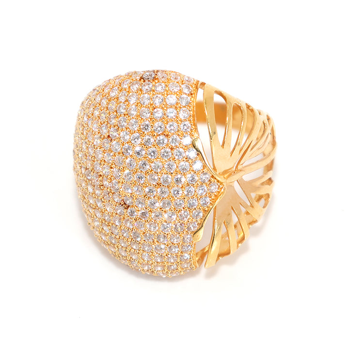 21K Gold CZ Dome Ring - Luxury Pavé Statement Design - Close View