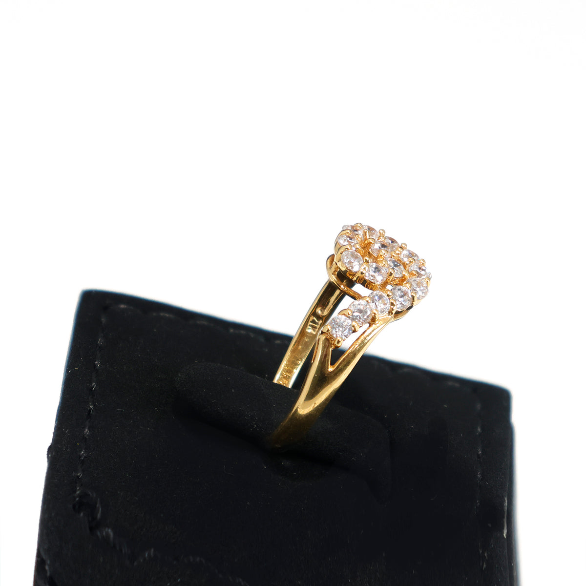 18K Gold CZ Cluster Ring with Side Stone Detailing – Side Angle