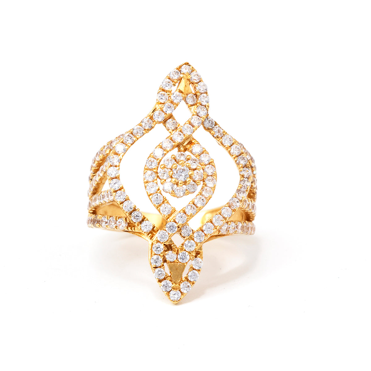 Gold ring with diamond accents on a white background