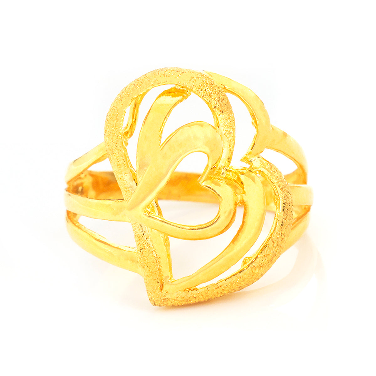 A gold ring featuring an openwork design with three interlocking hearts, photographed on a clean white background.