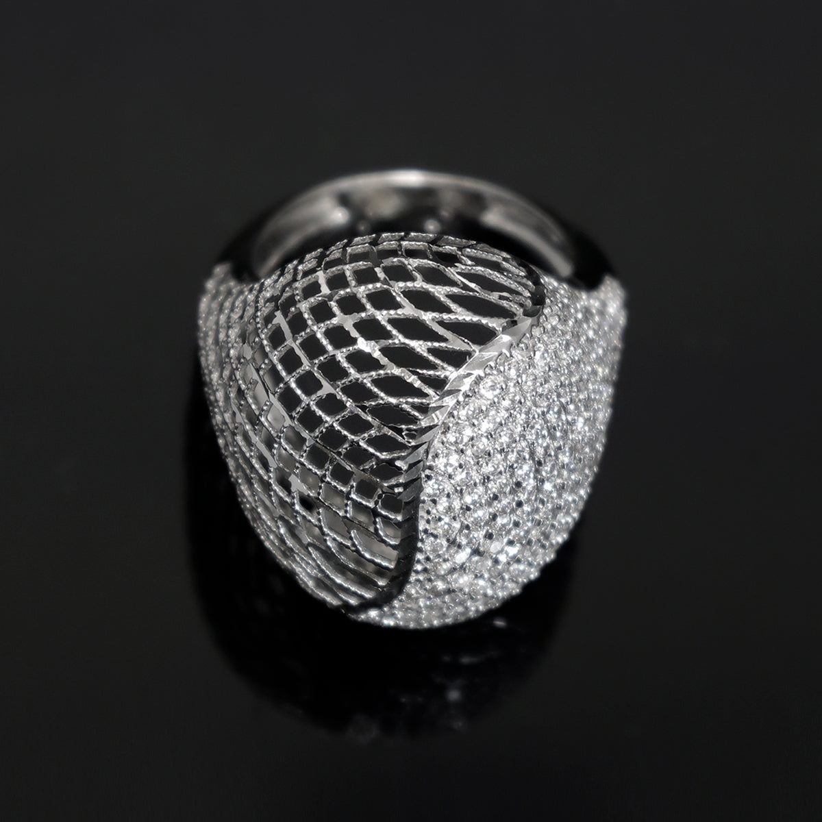 18K Gold CZ Wide Band Ring - Textured Designer Statement - ain View