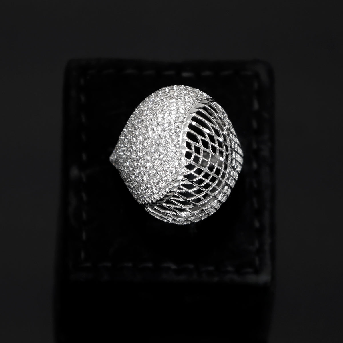 18K Gold CZ Wide Band Ring - Textured Designer Statement - Close View