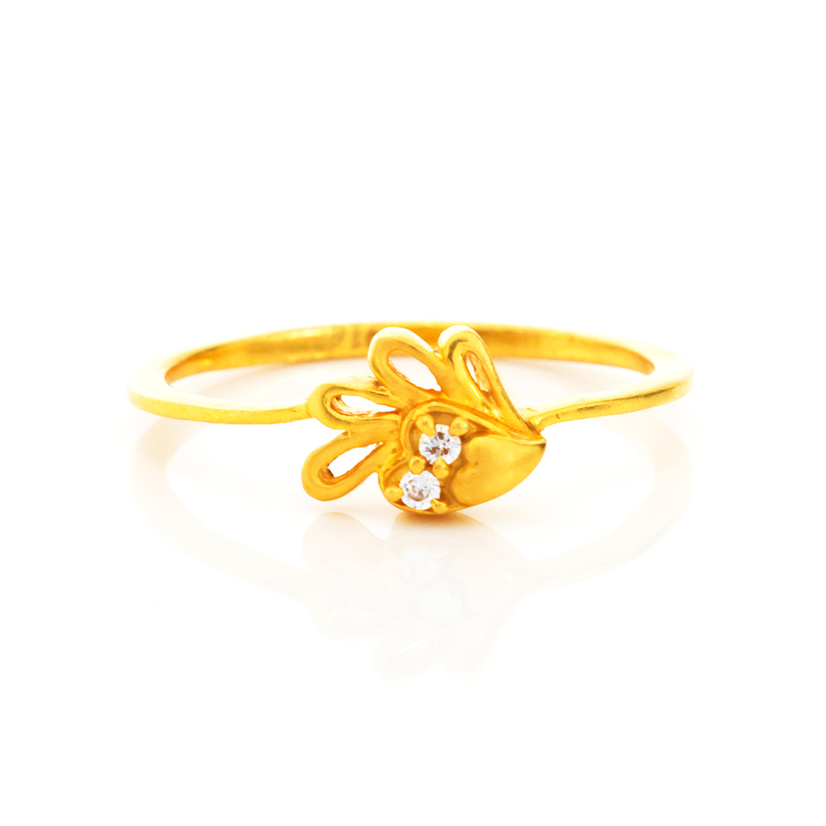 Gold ring with butterfly design and small diamonds on a white background