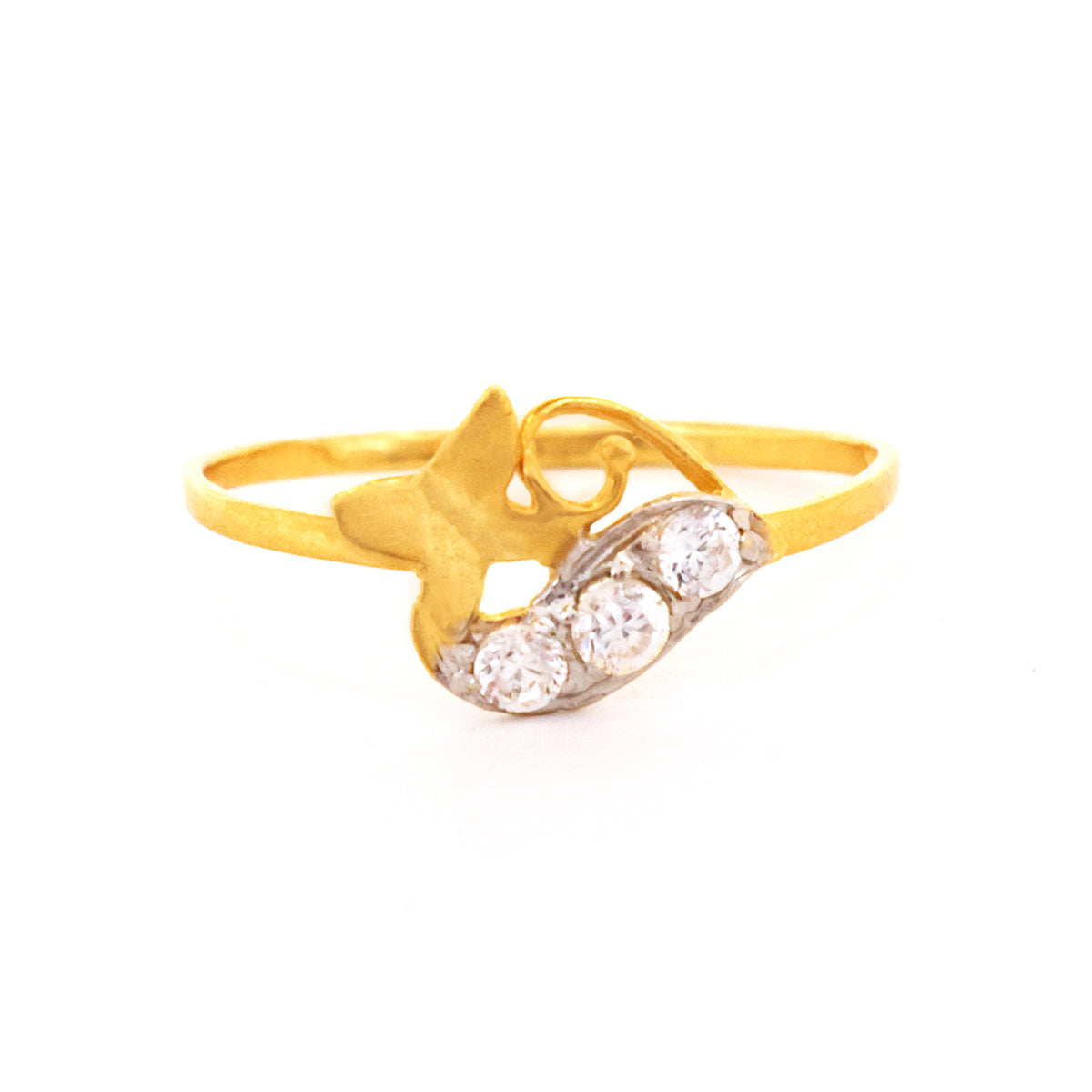 Gold ring with star design and embedded stones on a white background