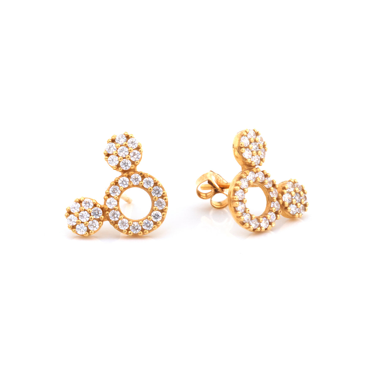 A pair of gold-tone stud earrings with a Mickey Mouse silhouette design, featuring clear pavé gemstones on a white background.