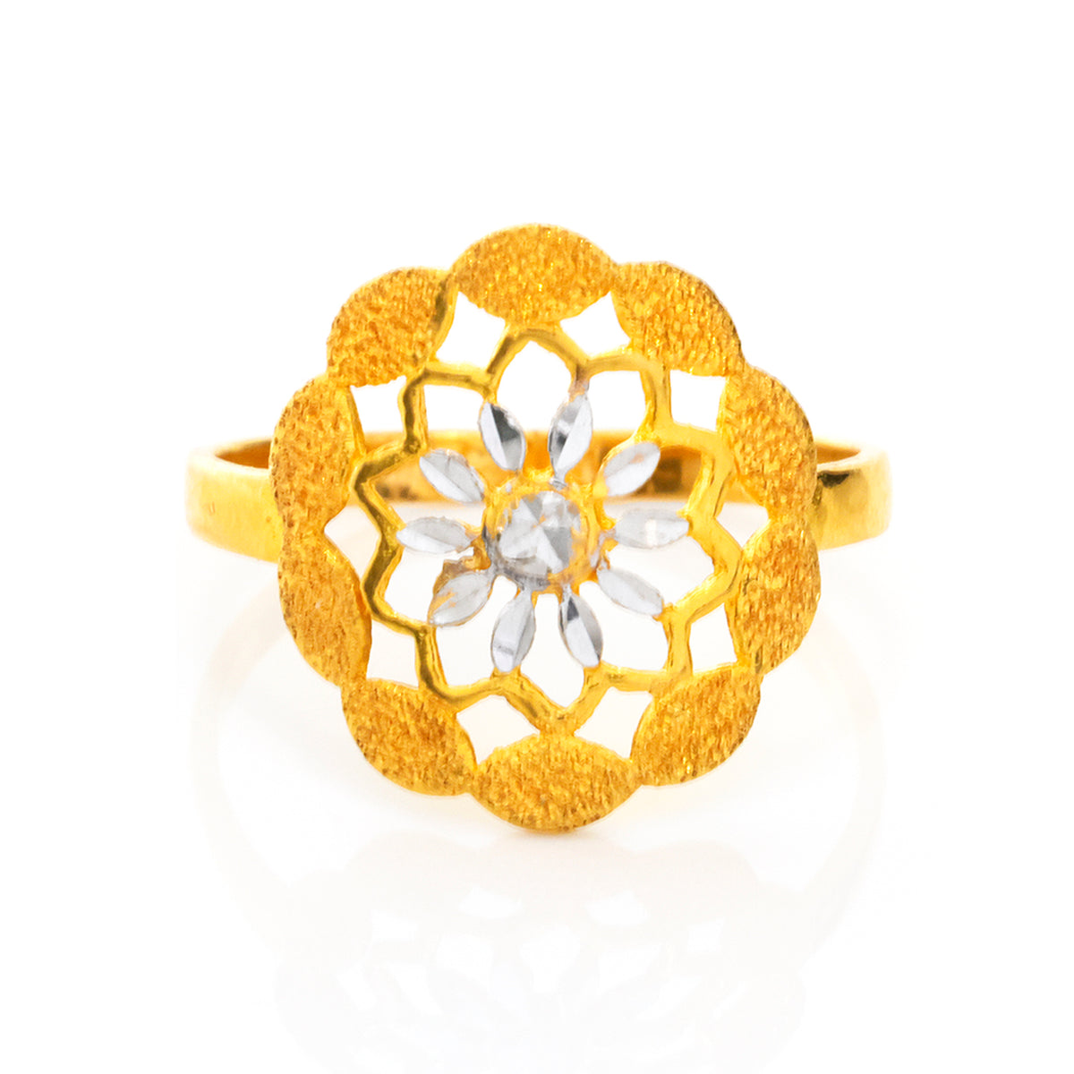 Gold ring with a diamond center on a white background