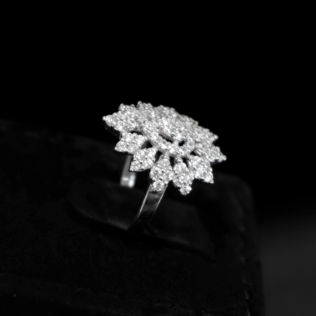 18K Gold Floral CZ Cluster Ring - Elegant Statement Design - side angle