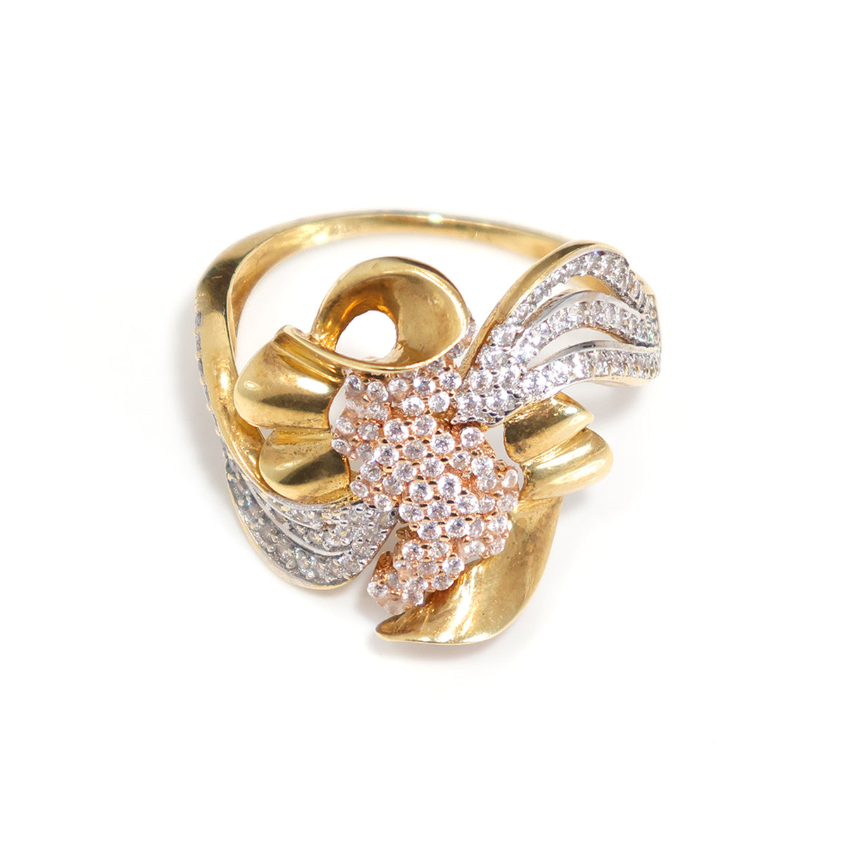 18K Gold CZ Cluster Ring with Abstract Ribbon Design - Main Vew