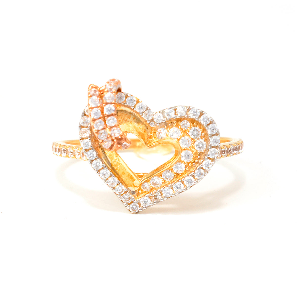 Gold heart-shaped ring with diamond accents on a white background