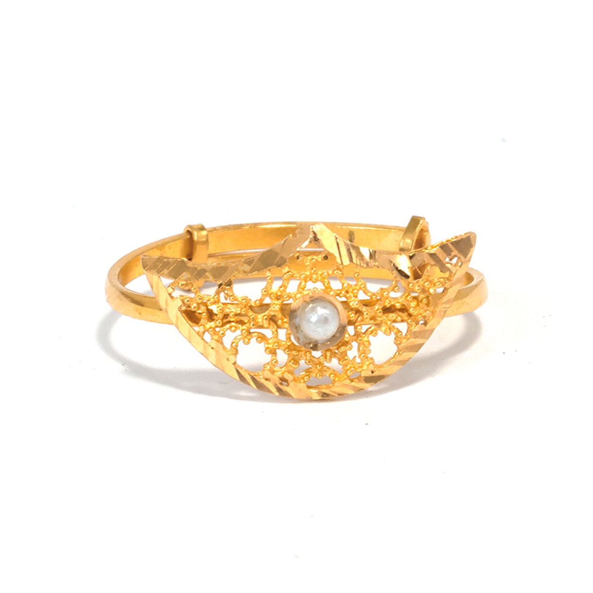 Gold ring with a pearl on a white background