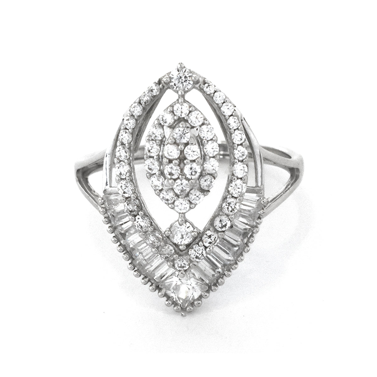 Silver ring with diamond accents on a white background