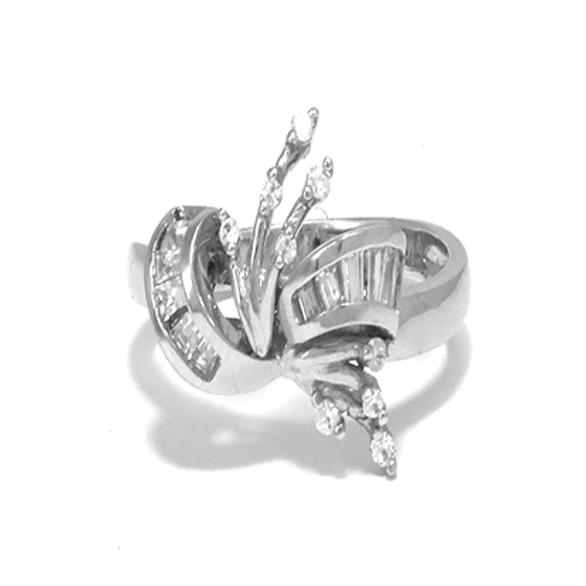 Silver ring with diamond accents on a white background
