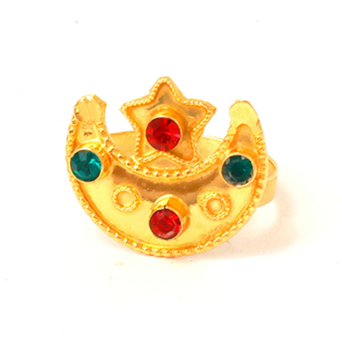 Gold ring with star and moon design and red and green gemstones on a white background