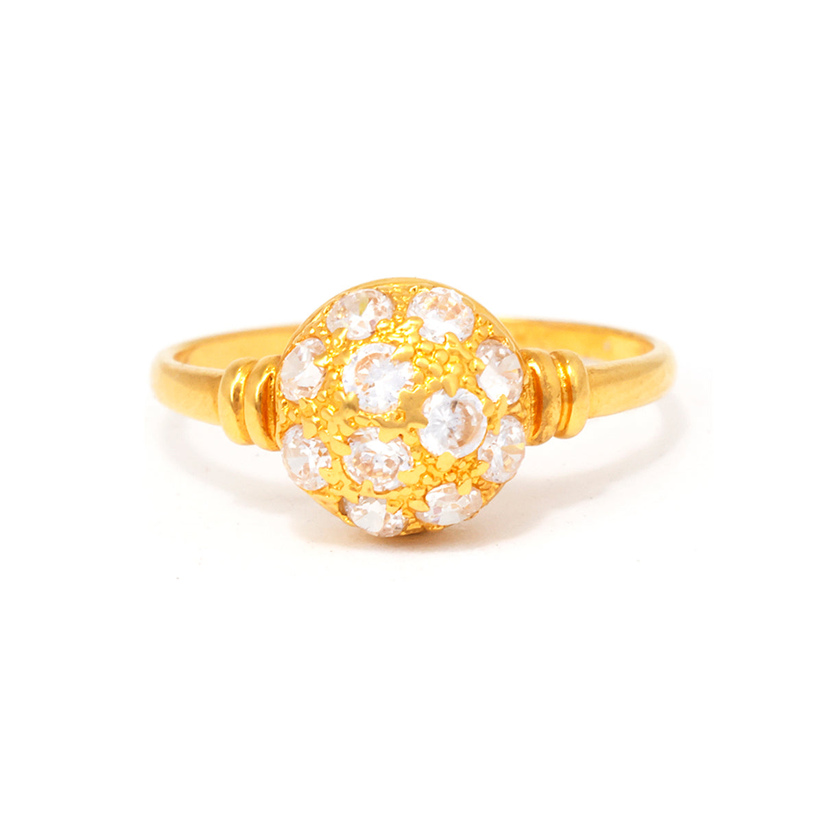 Gold ring with pearl-like stones on a white background