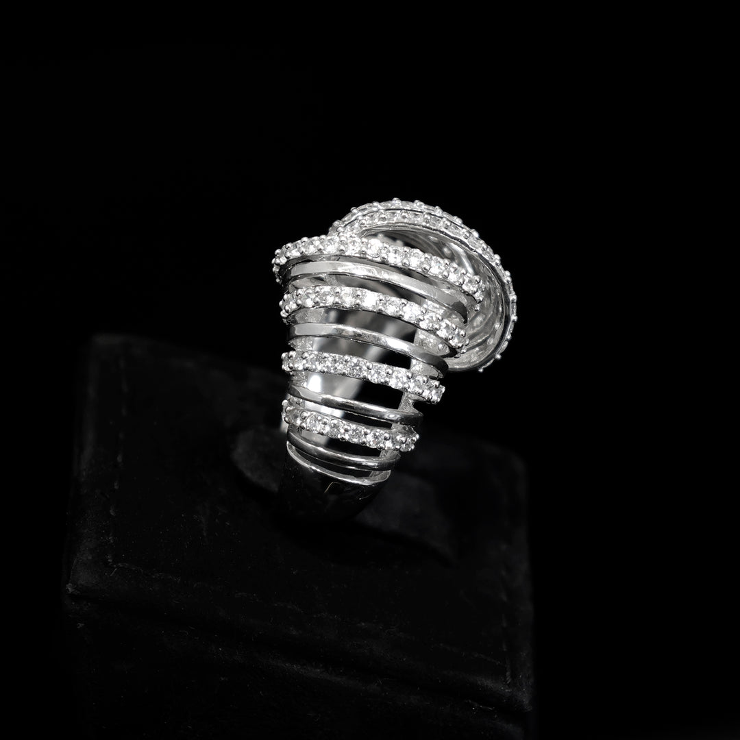 18K Gold CZ Ribbed Wave Ring - Modern Statement Design - side angle