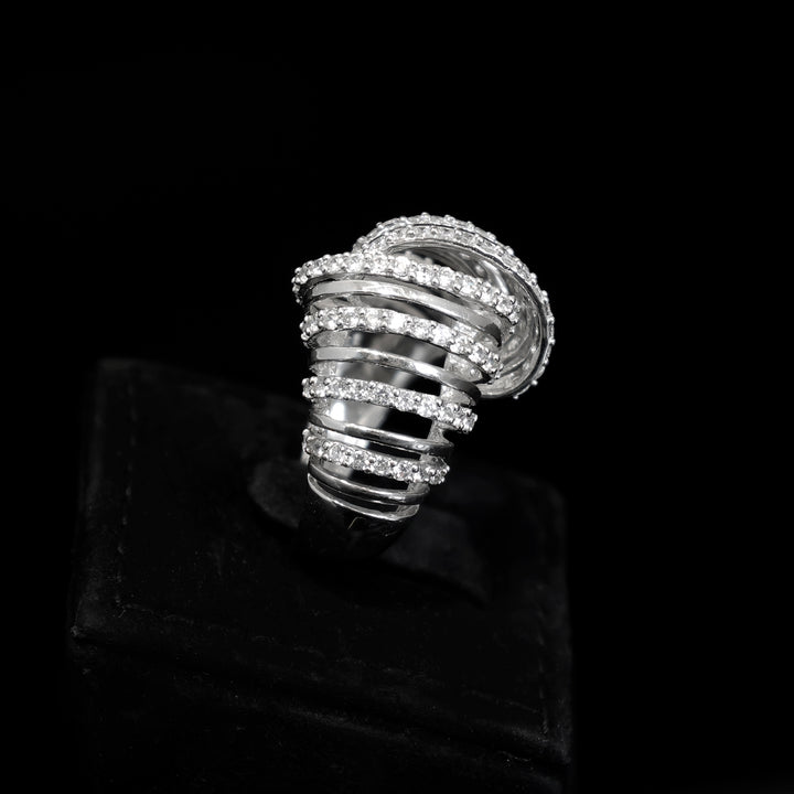18K Gold CZ Ribbed Wave Ring - Modern Statement Design - side angle