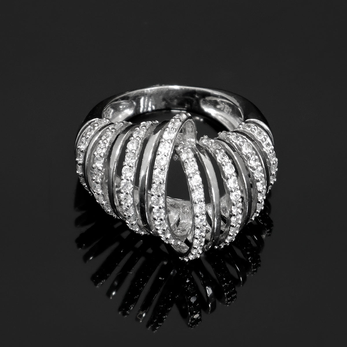 18K Gold CZ Ribbed Wave Ring - Modern Statement Design - main view