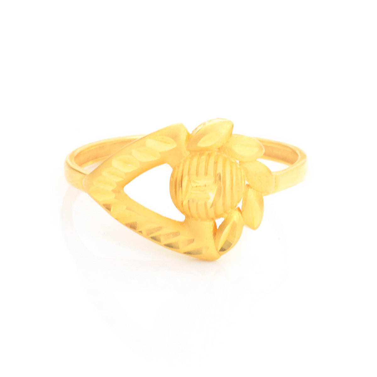 A gold ring featuring a stylized bee holding a honeycomb ball, set against a plain white background.