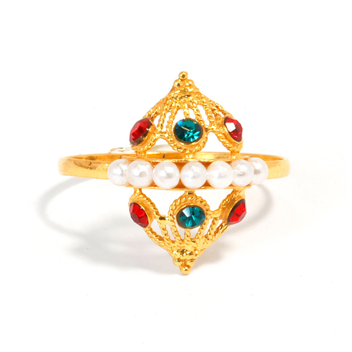 Gold ring with pearls and colored gemstones on a white background