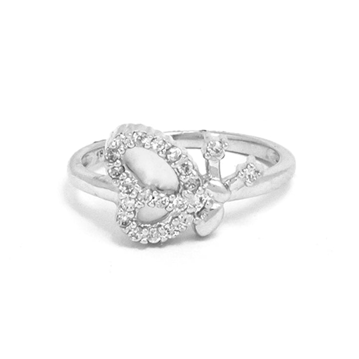 Silver ring with heart-shaped design on a white background