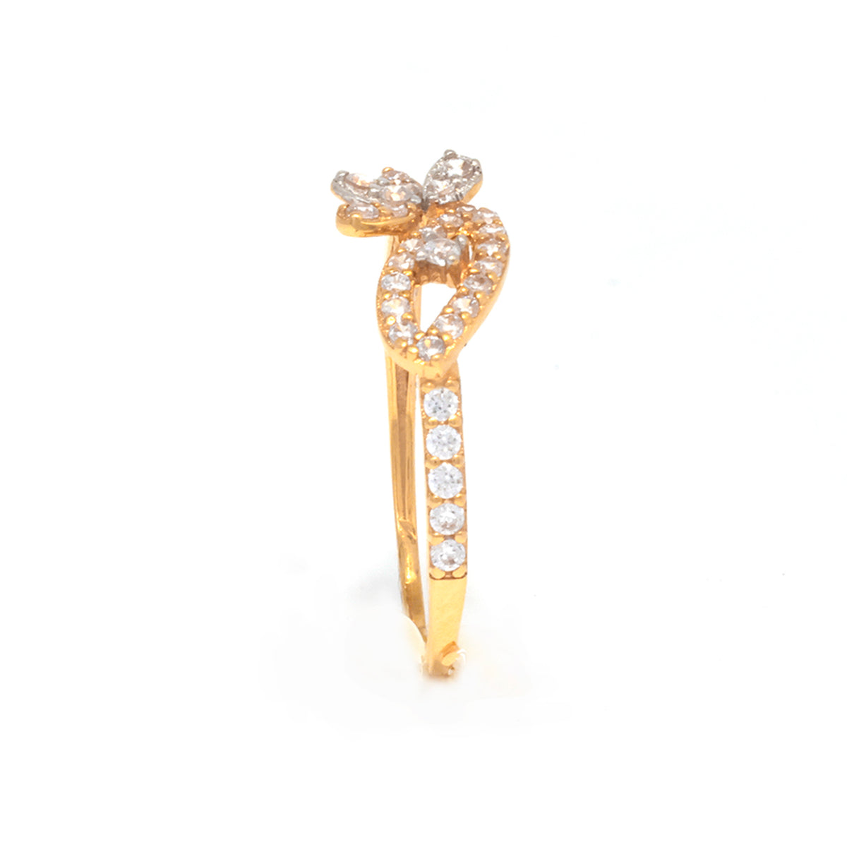 Gold ring with diamond accents on a white background