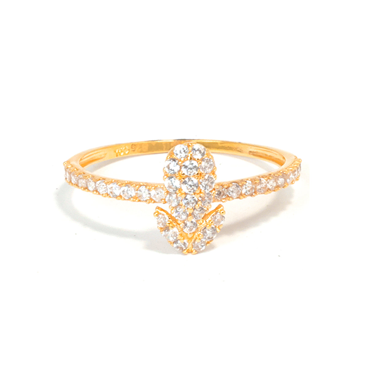 Gold ring with diamond accents on a white background