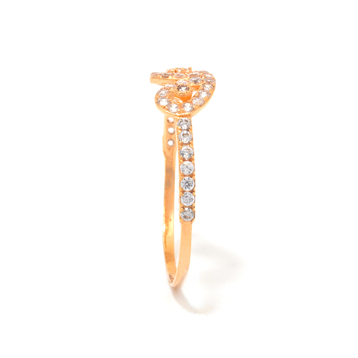 Gold ring with heart-shaped design and small diamonds on a white background