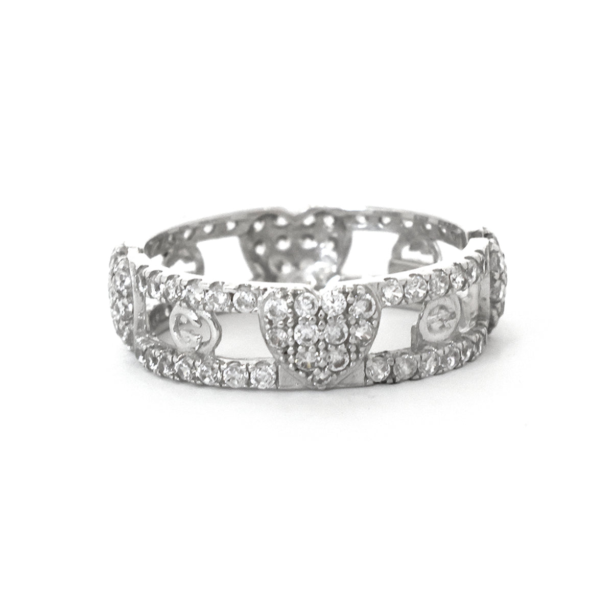 Silver ring with diamond accents on a white background