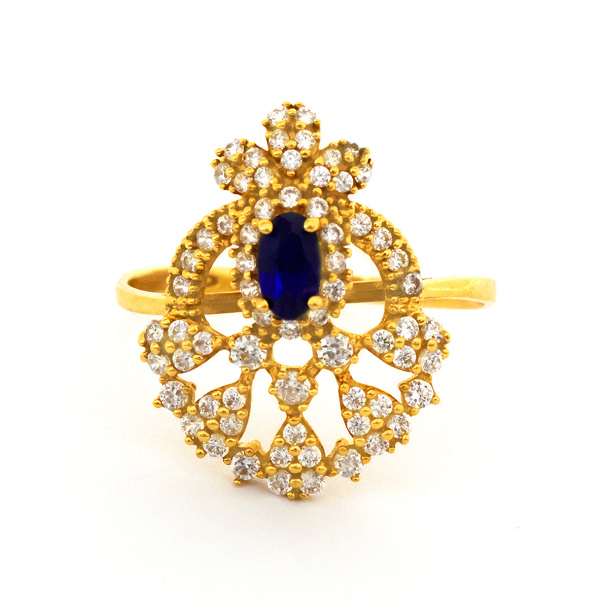 Gold ring with a blue gemstone and diamond accents on a white background
