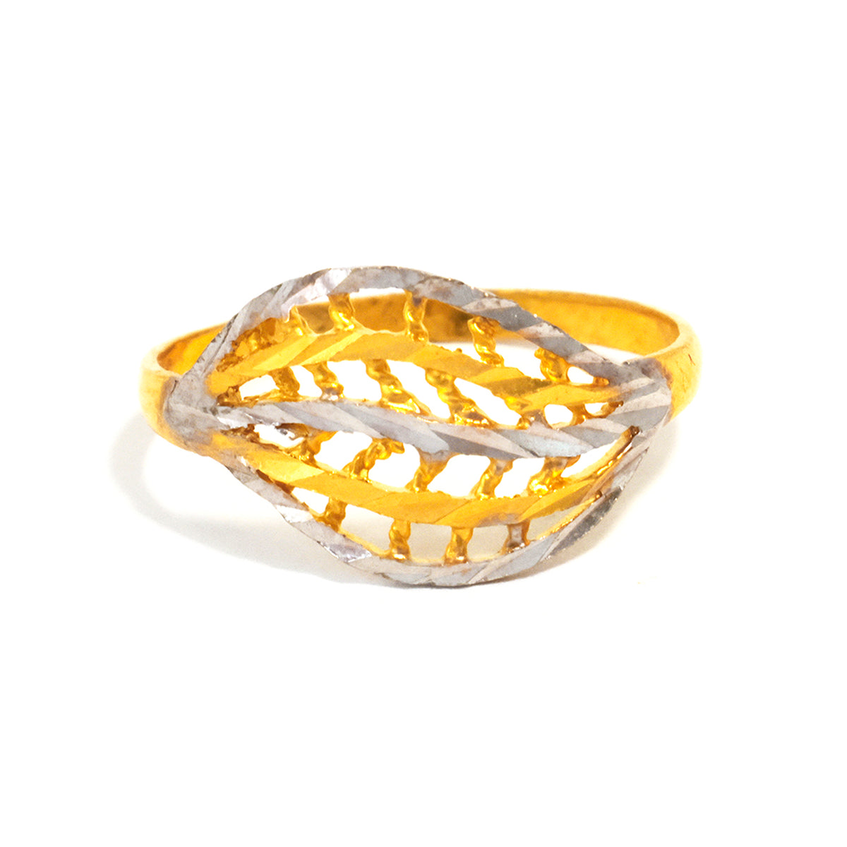 Gold and silver ring with a braided design on a white background