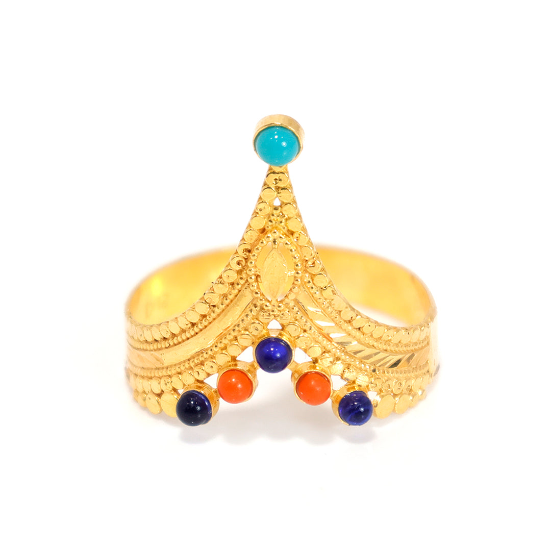 21K Gold Ring – V Tiara Turquoise &amp; Beads – Zero Making Charge
