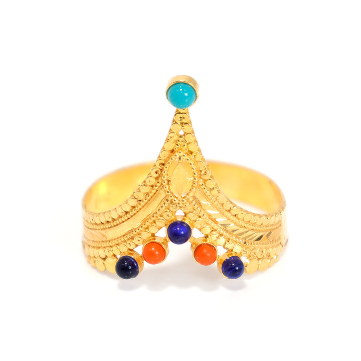 21K Gold Ring – V Tiara Turquoise &amp; Beads – Zero Making Charge